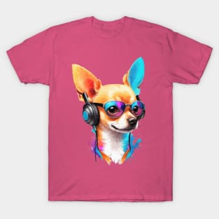 Colorful dog with headphones and glasses - Chihuahua dog T-Shirt